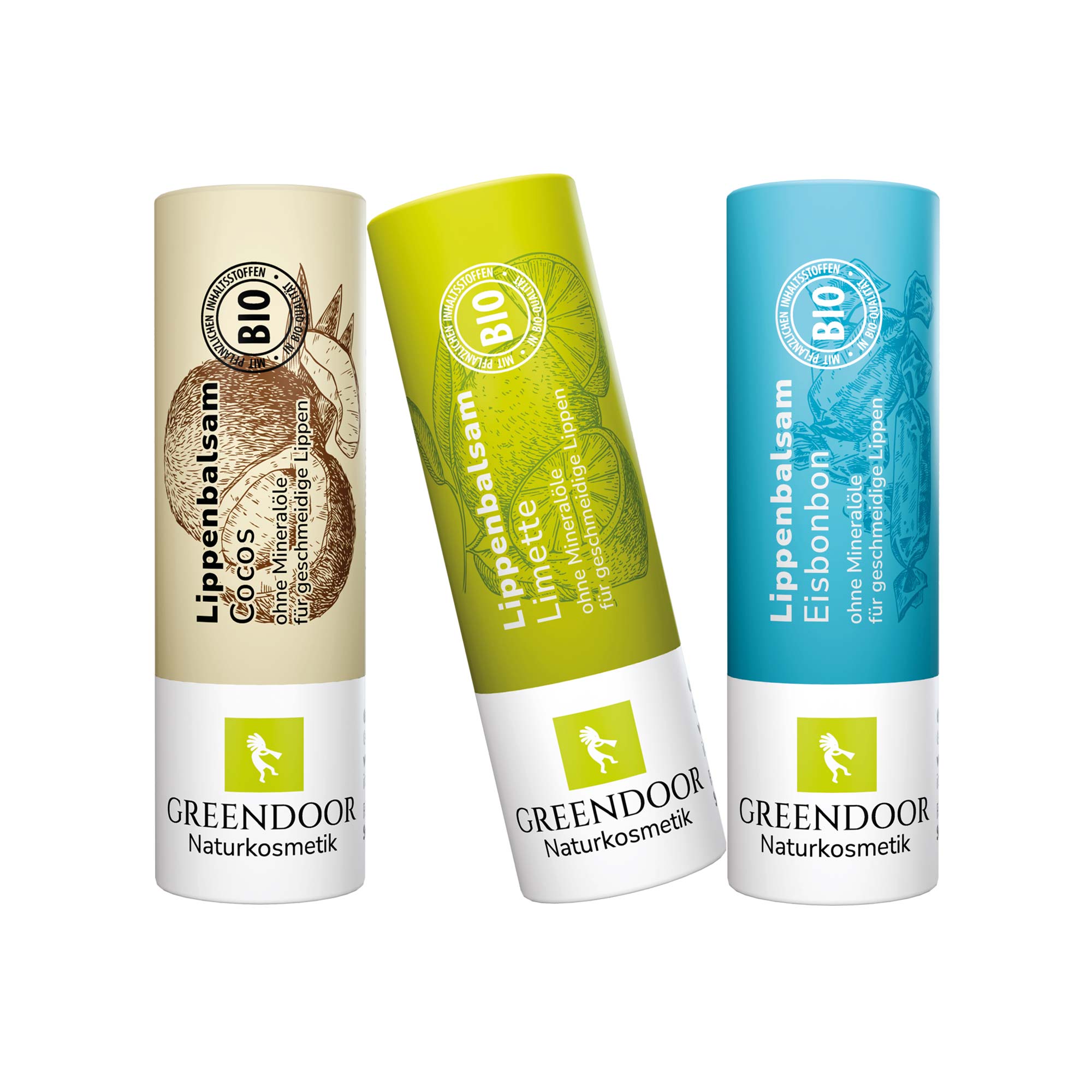 Drei Lippenbalsame in den Sorten Cocos, Limette und Eisbonbon