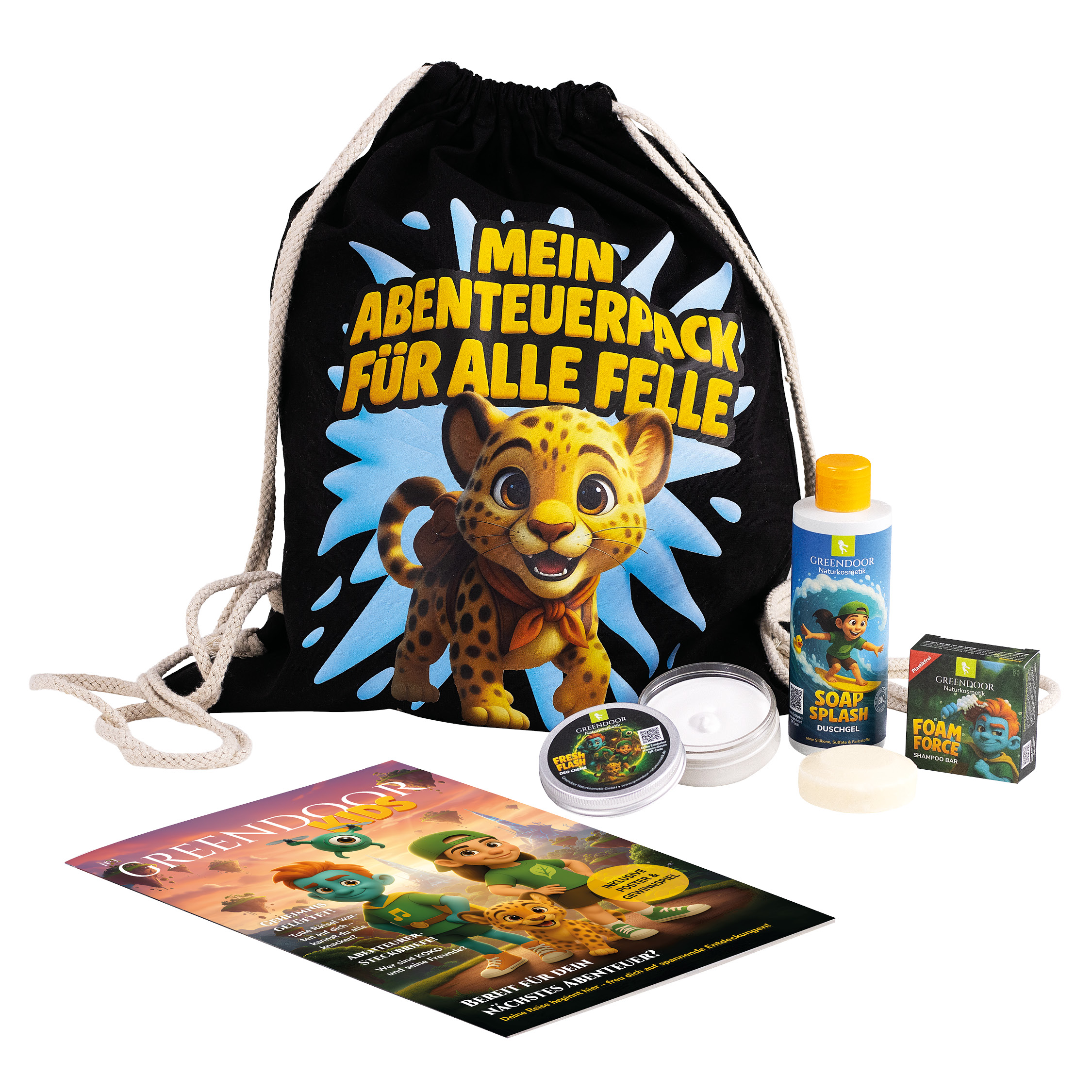 Abenteuerpack für Kinder mit Seife und Shampoo Kinder-Rucksack-Set mit Duschgel, Seife und Magazin