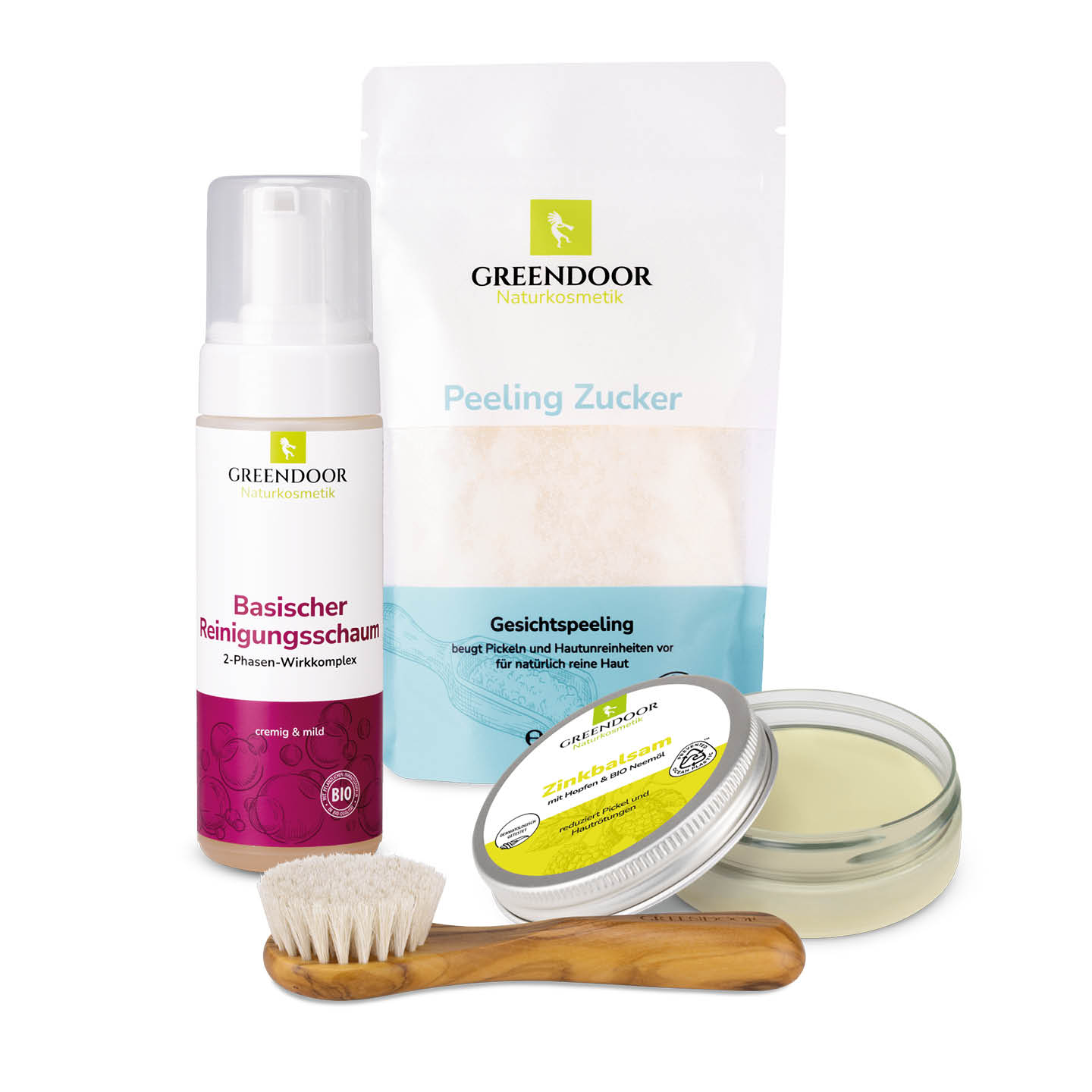Anti Pickel Set Exclusive Anti Pickel Set Exclusive von Greendoor bestehend aus einem Zinkbalsam und einer Foamer Flasche Basischer Reinigungsschaum und einem Gesichtspeeling und einer Gesichtsmassagebürste