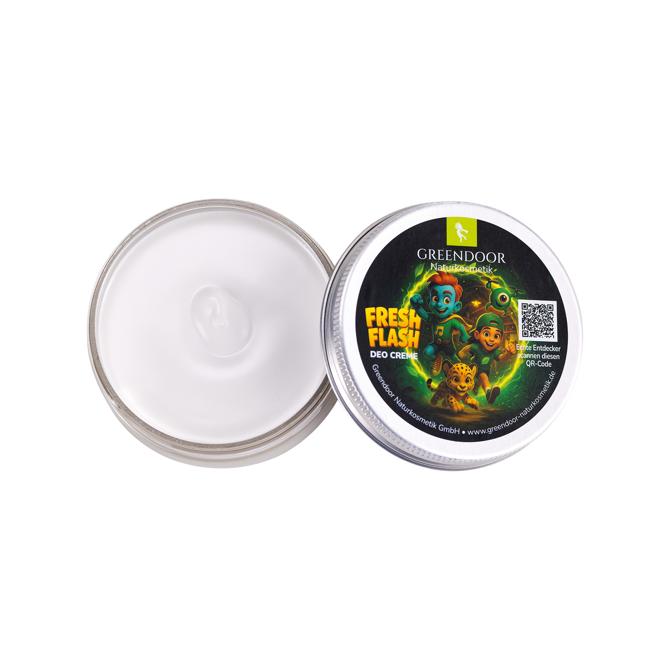 Greendoor Naturkosmetik Fresh Flash Deo Creme - Frische und Schutz Greendoor Naturkosmetik Fresh Flash Deo Creme mit geöffnetem Deckel, zeigt die weiße Creme in der Dose