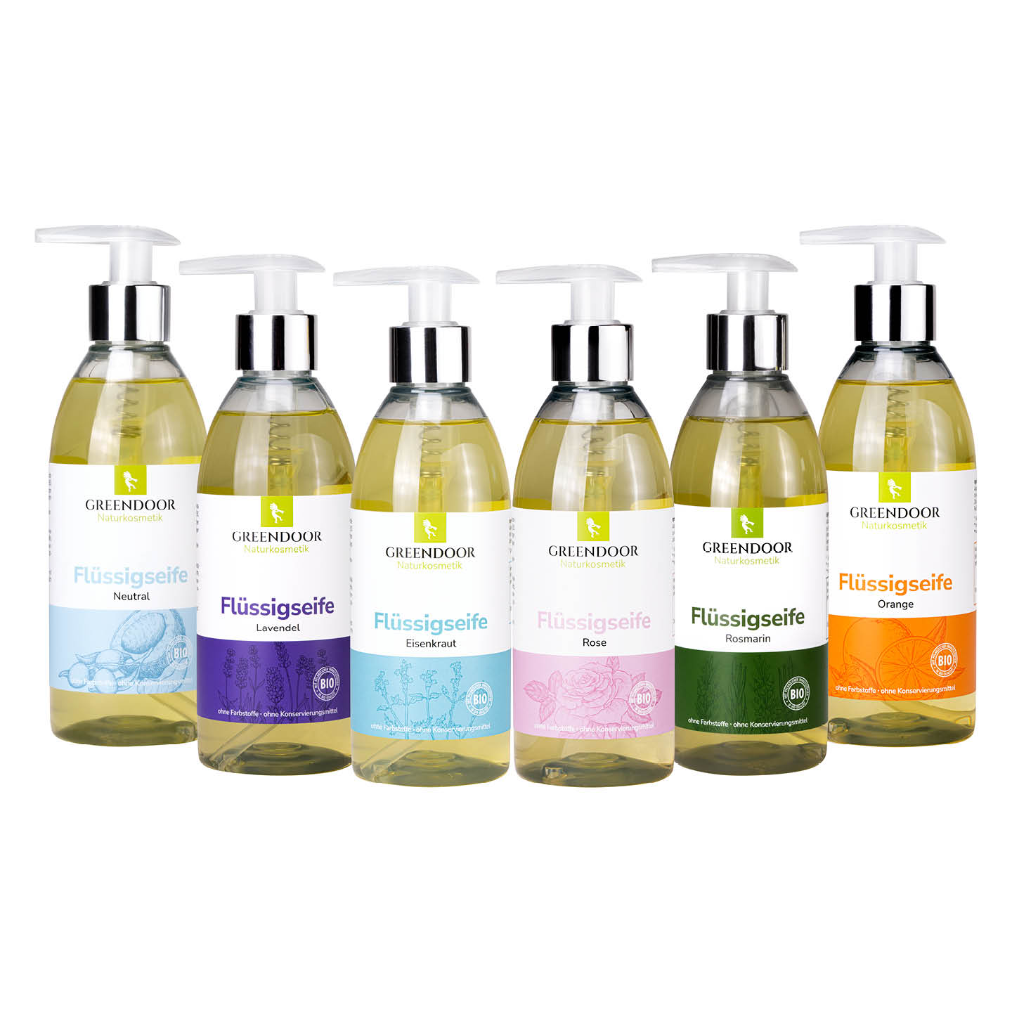 alle sechs Sorten Greendoor Flüssigseifen in Spenderflasche