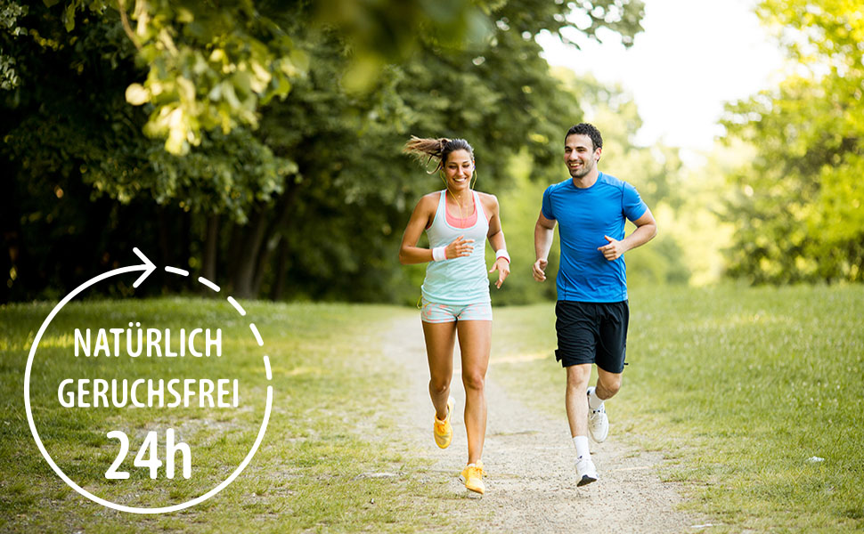 Fröhliches joggendes Paar mit einem Hinweis 24 Stunden natürlich geruchsfrei