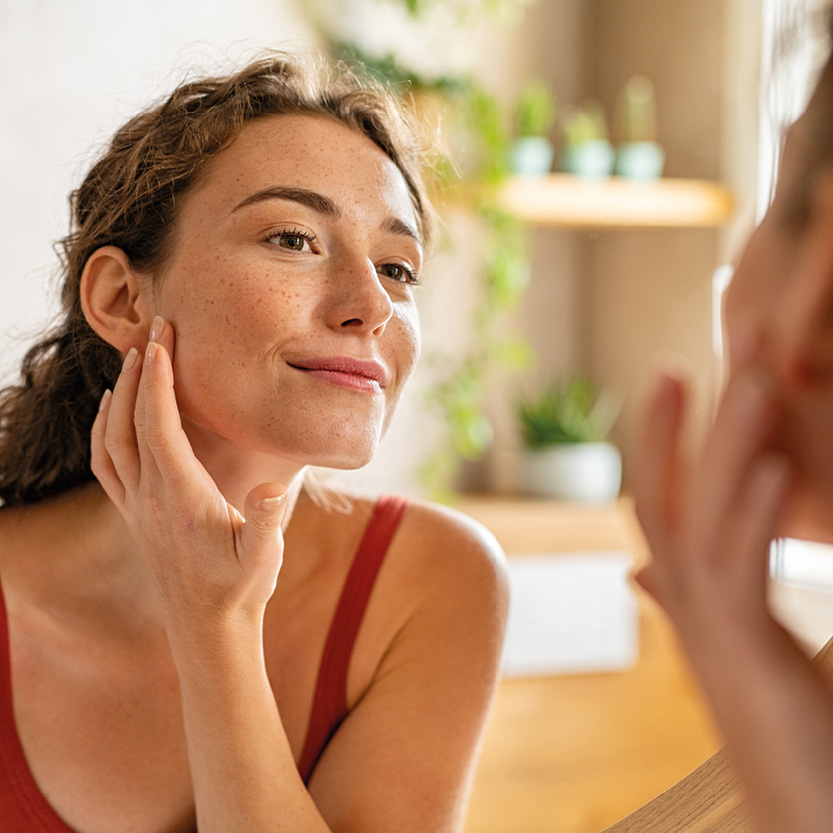 Junge Frau schaut lächelnd in einen Badezimmerspiegel und betreibt Hautpflege