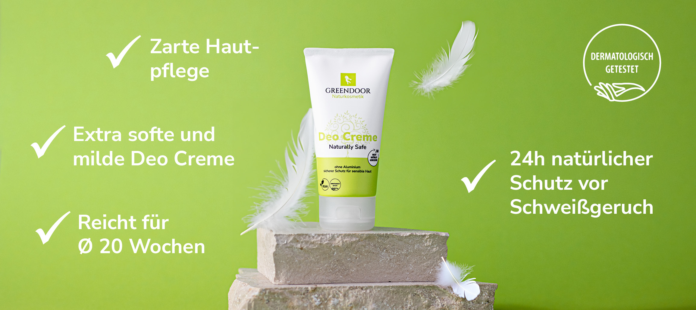 Greendoor Soft Deo Creme in der Tube mit Texten Zarte Hautpflege, extra softe und milde Deo Creme, reicht für ca zwanzig Wochen, vierundzwanzig Stunden natürlicher Schutz vor Schweißgeruch und dermatologisch getestet