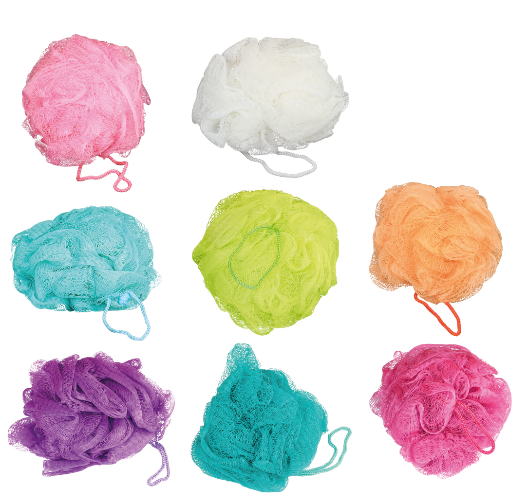 Duschpuschel_ca10x12cm_Sortierung Duschblumen in acht Farben
