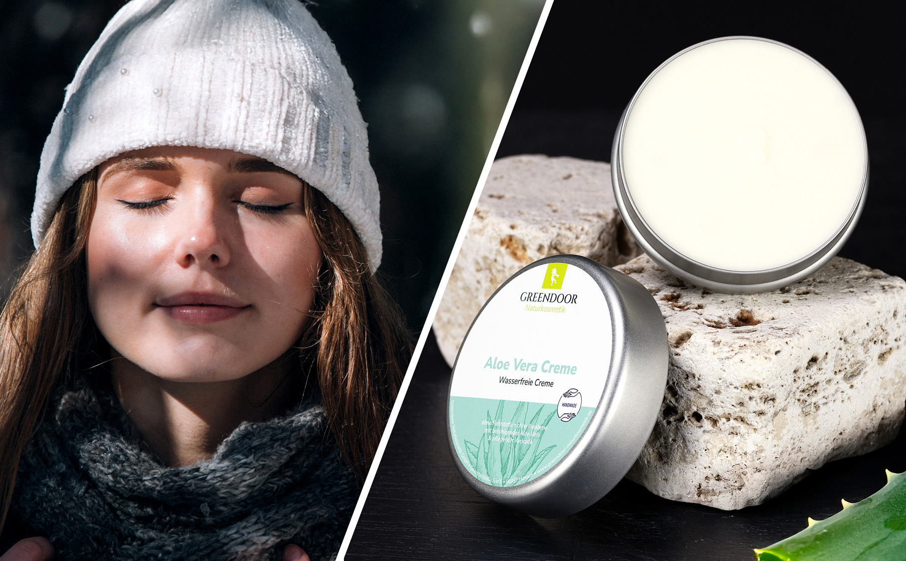 Eine Frau mit geschlossenen Augen und Wintermütze links und rechts eine geöffnete Dose Greendoor wasserfreie Creme Aloe Vera