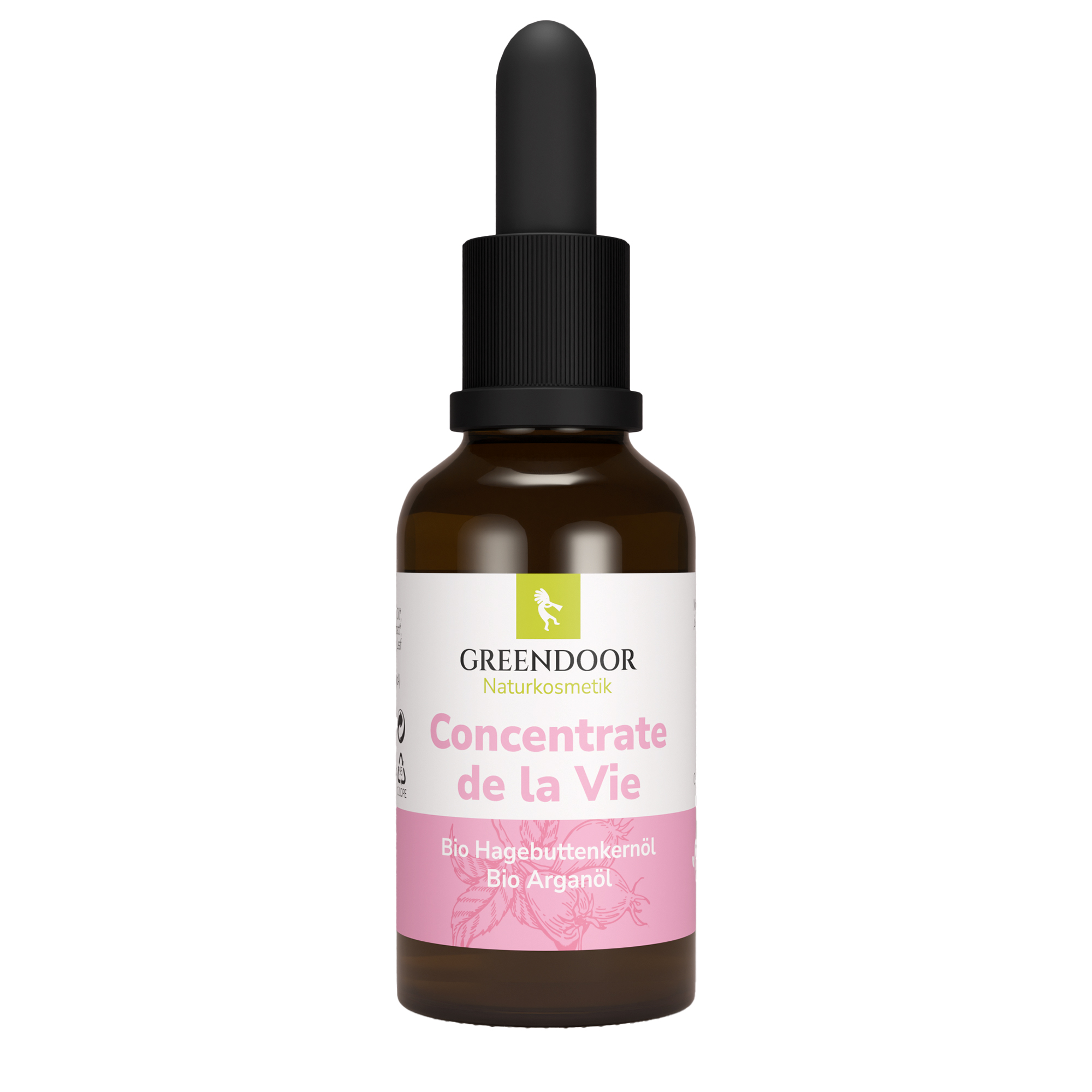 Greendoor Concentrate de la Vie mit Bio Hagebuttenkernöl und Bio Arganöl Braunglasflasche mit Pipette, Greendoor Concentrate de la Vie, naturkosmetisches Gesichtsöl mit Bio Hagebuttenkernöl und Bio Arganöl