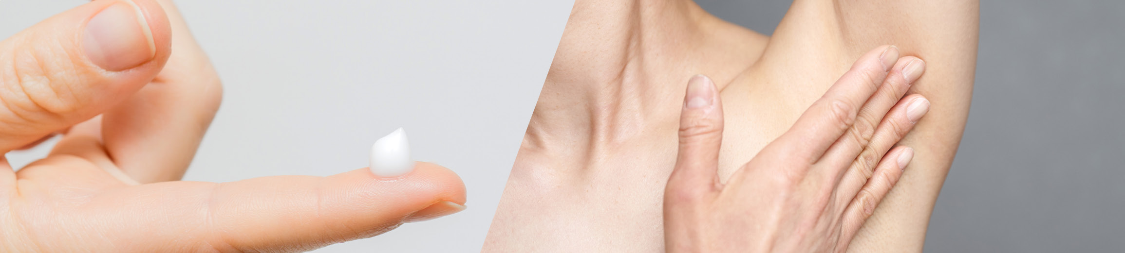 Hand mit ausgestrecktem Zeigefinger auf dem sich eine erbsengroße Menge Deo Creme befindet, rechts sieht man eine nackte Achsel mit einer darübergleitenden Hand