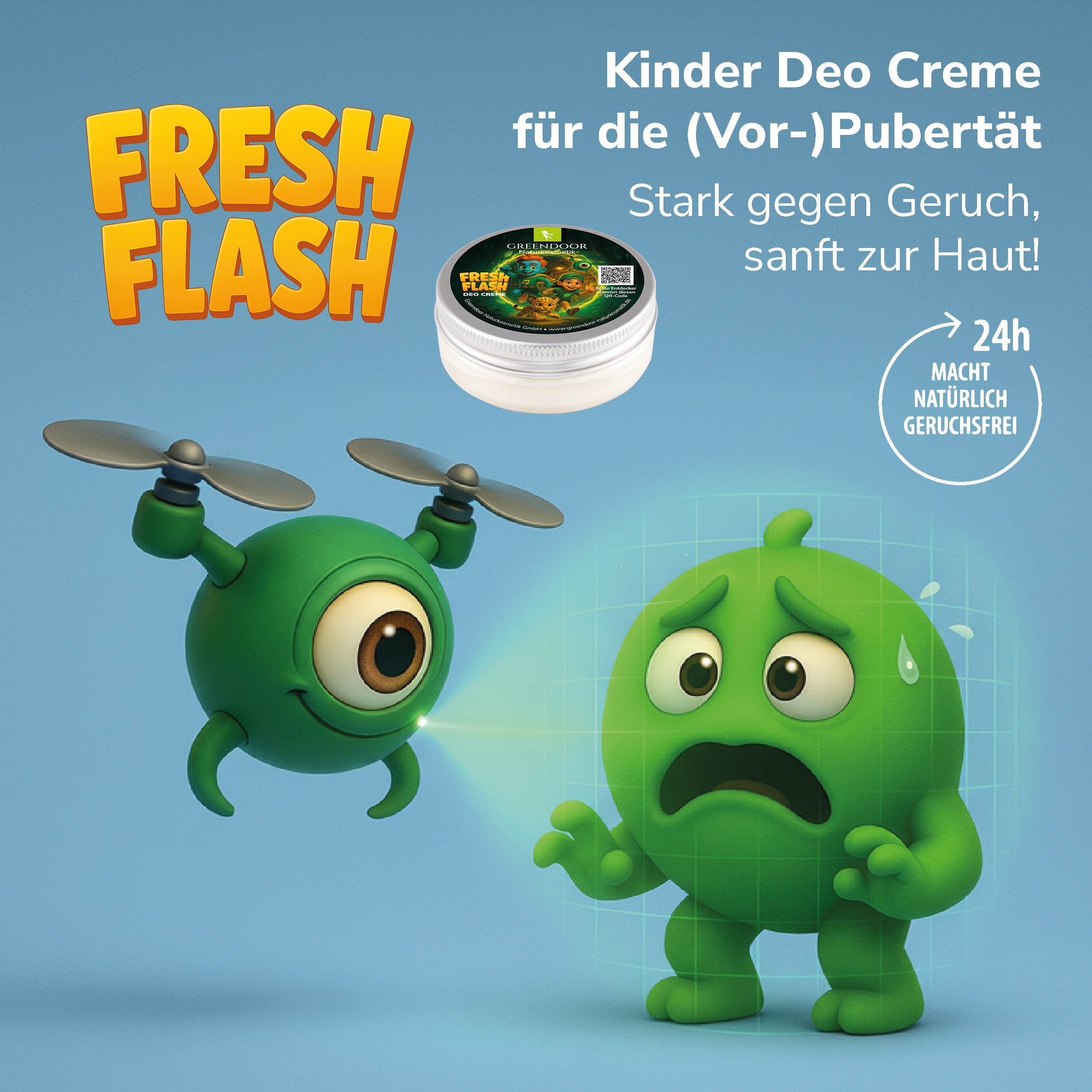 Bild von FRESH FLASH Kinder Deo Creme mit grünen, animierten Figuren. Produkt wirkt stark gegen Geruch, sanft zur Haut.