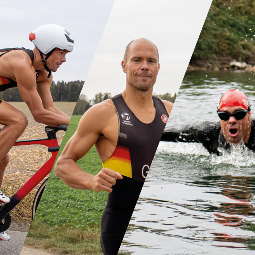 Bildmaterial-Hendrik Triathlet Hendrik Becker beim Radfahren, Laufen und Schwimmen
