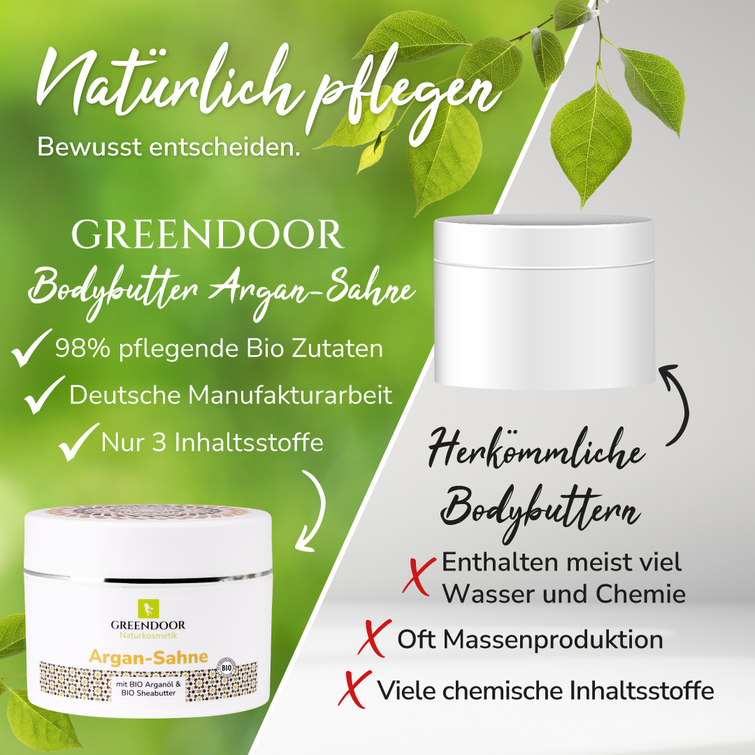 Hinweis auf Produktvorteile von Greendoor Argan Sahne gegenüber normaler Bodybutter, sie hat 98 Prozent pflegende Bio Zutaten, stammt aus einer Deutschen Manufaktur und besteht aus nur drei Inhaltsstoffen