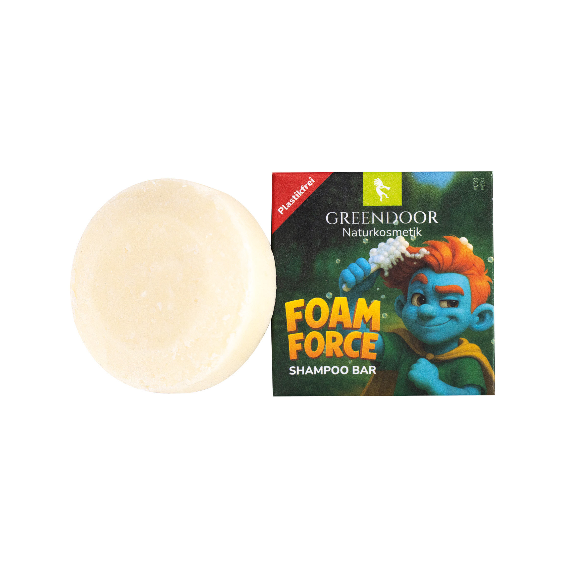 Greendoor Foam Force Shampoo Bar neben Verpackung mit Illustration einer Figur, plastikfrei