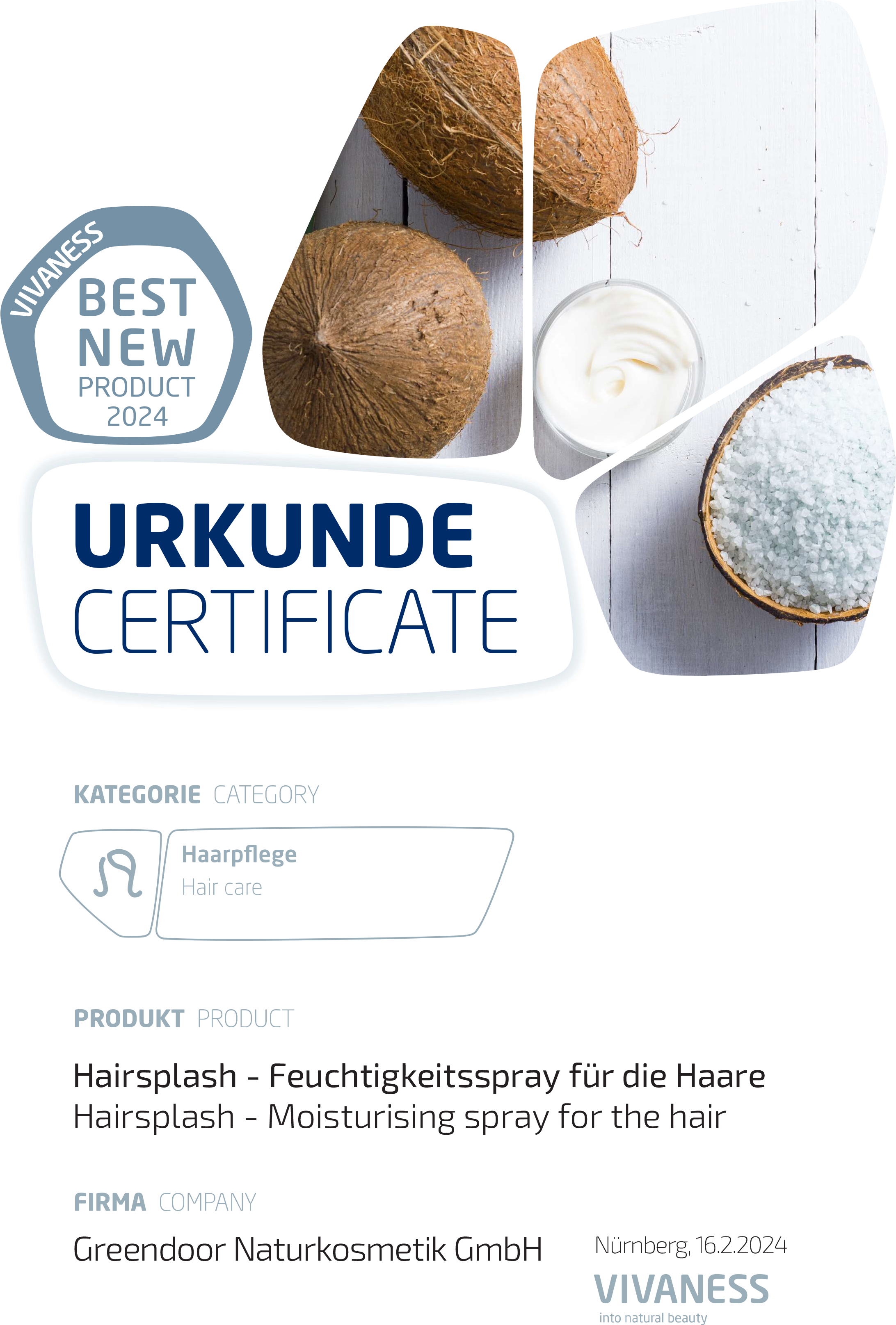 Urkunde Best New Product Award Greendoor Hairsplash