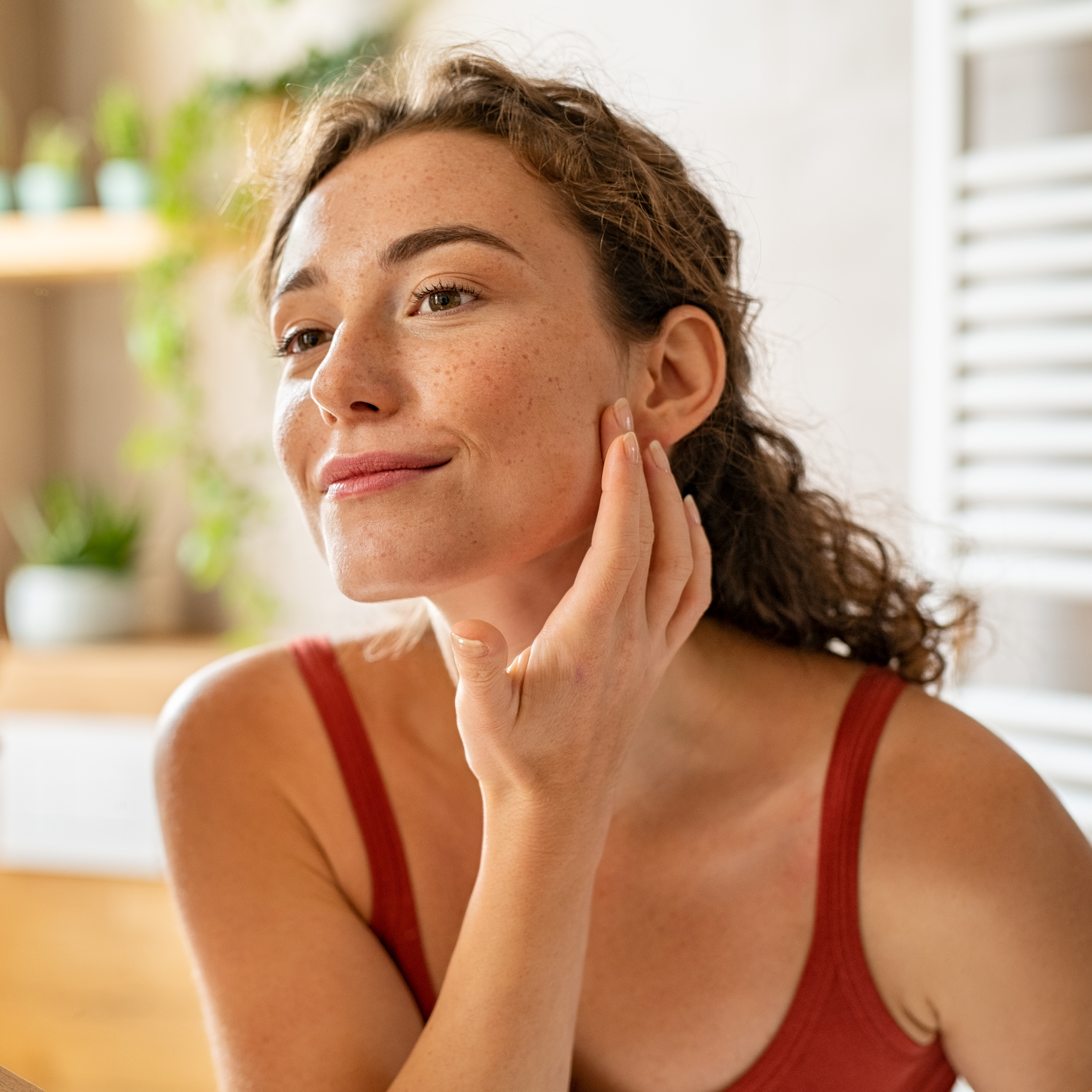 Frau streicht mit Hand über Gesicht und lächelt