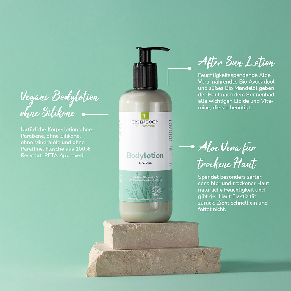 große Flasche mit Pumper Greendoor Bodylotion Aloe Vera plus Anwendungstexte